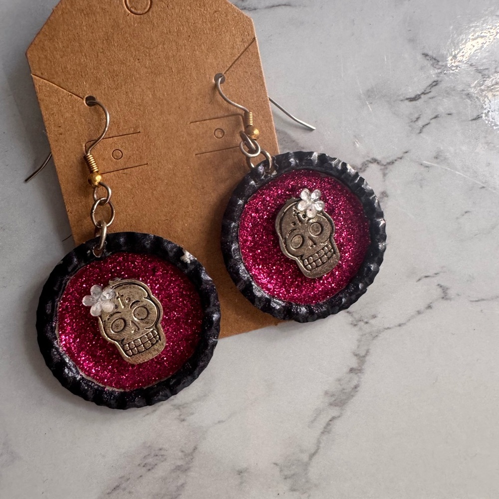 Handmade Coca Cola Cap Skull Earrings with Pink Glitter